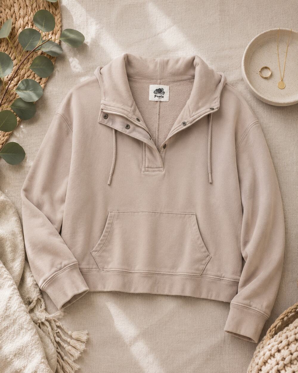 Roots Women's Original Half Zip Snap Hoodie Taupe Athleisure Minimalist Size XS